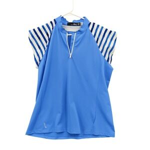 Ralph Lauren Blue Short Sleeve Performance Top with Striped Sleeves